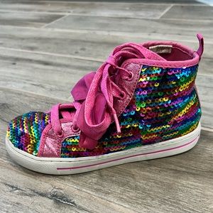 Jojo Siwa Rainbow Flip Sequin high top shoe with bow & sparkle laces size 2